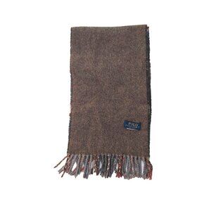 POLO Ralph Lauren Brown Tweed Blue Plaid Reversible Scarf Embroidered Polo Logo